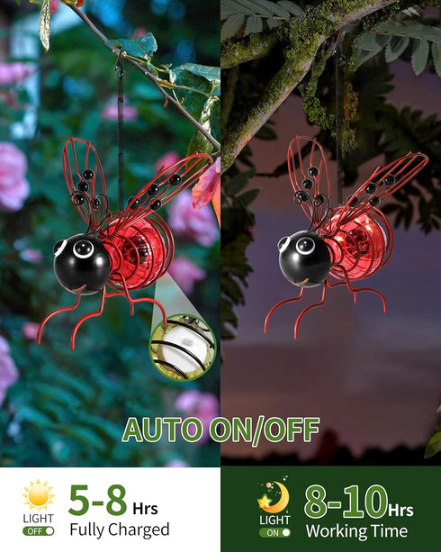 Solar-Powered Hanging Metal Ladybug Light Garden Decor | Lady bug Sculpture with Bouncy Springs | Summer Outdoor Art Decorations (Red)...