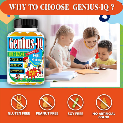 Genius IQ Kids Brain Supplements for Memory and Focus Omega 3-6-9, EPA DHA Gummy Vitamins, Brain Booster Calm Gummies,Supports Concentration, Clar...