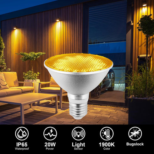 LED Bug Light Bulbs, 1900K Yellow Outdoor PAR30 Flood Lights, Dusk to Dawn Auto On/Off Porch Lights, Waterproof, Replace up to 100W for Garage Hal...