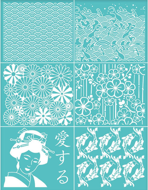 OLYCRAFT Japanese Traditional Style Self-Adhesive Silk Screen Printing Stencil Oriental Theme Mesh Transfers Silk Screen Reusable Stencil for Pain...