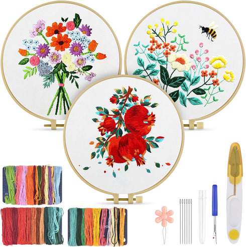 TINDTOP Embroidery Kit for Adult Beginners, Flowers Embroidery Kit for Beginners Include Embroidery Cloth Hoops Threads for Craft Lover Hand Stitc...