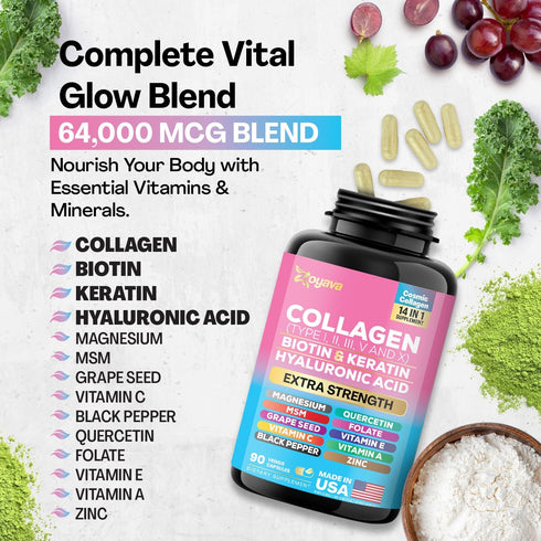 Zoyava Collagen Pills Peptides Types I, II, III, V & X MCG Biotin Keratin Hyaluronic Acid MSM Vitamin A Vitamin C Vitamin E Folic Acid Zinc Magnes...