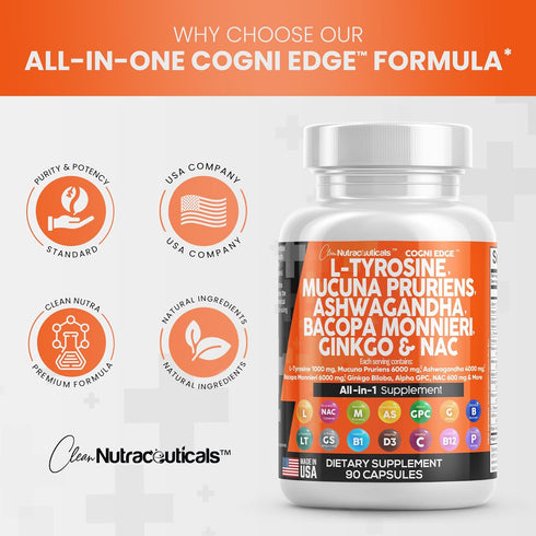 Clean Nutraceuticals L Tyrosine 1000mg Mucuna Pruriens 6000mg Bacopa Monnieri 500mg Ashwagandha 4000mg Focus Supplement w/N-Acetyl Cysteine 600mg ...