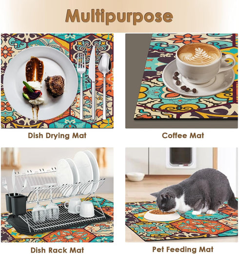 Boho Coffee Mat for Countertops, Colorful Talavera Modern Dish Drying Mat 2 Pcs for Kitchen Coffee Bar Accessories Fit Under Coffee Maker Espresso...