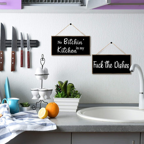 Jetec 2 Pieces Funny Kitchen Signs the Dishes Hanging Wall Art Decoration No Bitchin in My Kitchen Rustic Wooden Wall Signs Decorative Wood Home D...