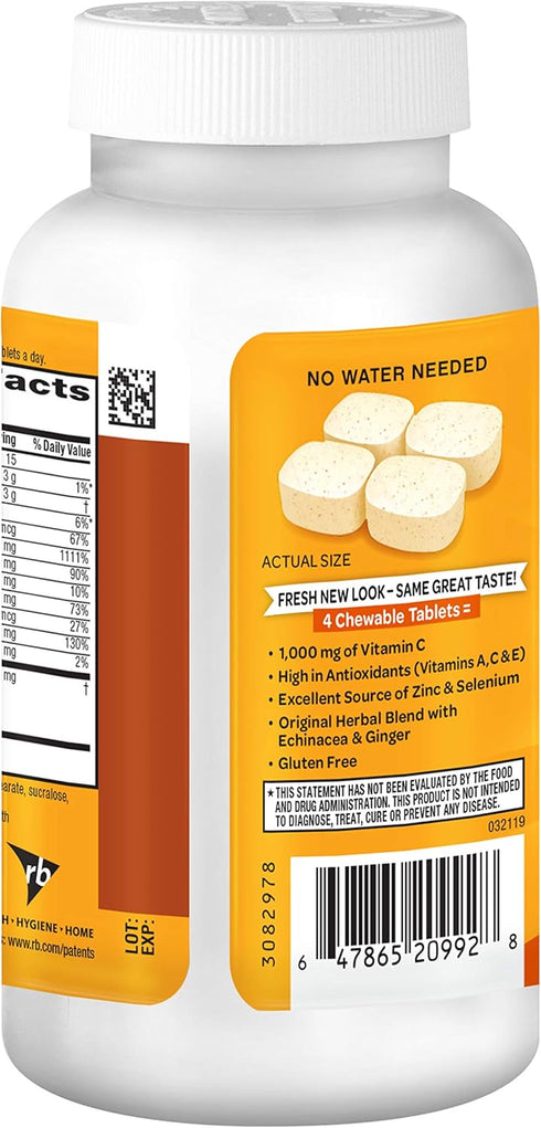 Airborne Vitamin C 1000mg (per Serving) - Citrus Chewable Tablets (116 Count in a Bottle), Gluten-Free Immune Support Supplement, with Vitamins A ...