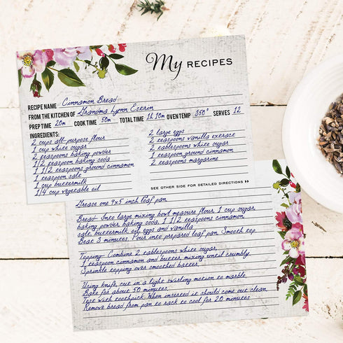 Vintage Floral Favorite Recipe Cards / 50 Pack Double Sided Cooking Ingredients Note Cards / 4" x 6" Flat Baking Directions Cards/Made In The USA...
