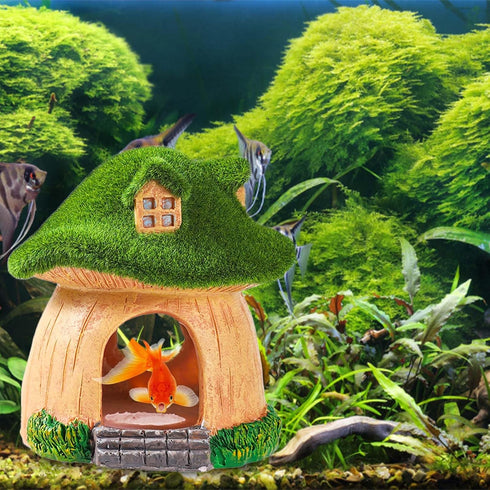 Aquarium Decoration for Fish Tank, Premium Resin Green Moss and Mushroom Fish Tank House Fish Hideout for Swimming Playing for Shrimp Goldfish Aqu...