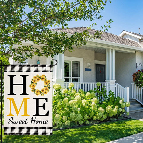 Sunflower Home Sweet Home Garden Flag for Outside Summer Flags for Farmhouse Lawn Outdoor Décor, Burlap Vertical Buffalo Check Plaid Flower Small ...