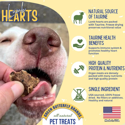 Freeze Dried Lamb Heart Dog Treats Made in USA. All Natural Freeze-Dried Raw Snacks for Dogs and Cats. Single Ingredient. High Protein. Heart Heal...