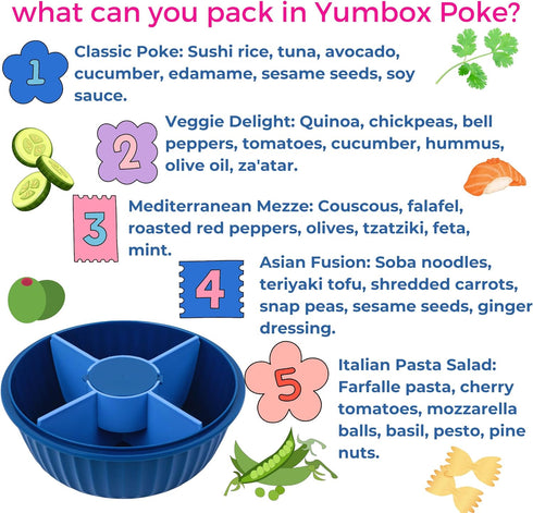 Yumbox® Poke Bowl, Leakproof Salad Bowl with lid, Removable 3-Section Divider, 4.2 Cups Volume, Easy-Open Triple Latches; removable and built-in t...