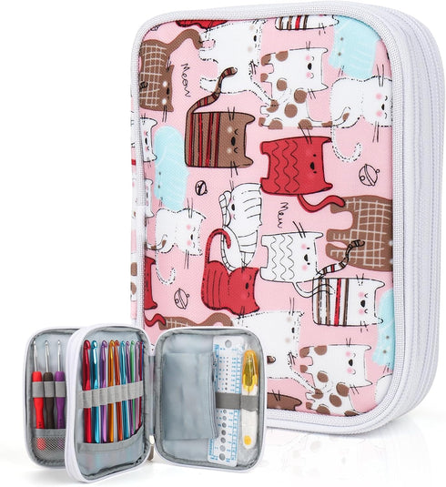 Katech Crochet Hooks Case Empty Zipper Bags Portable Travel Crochet Storage Bag Organizer with Web Pocket and Crochet Holder Slots for Carrying Va...
