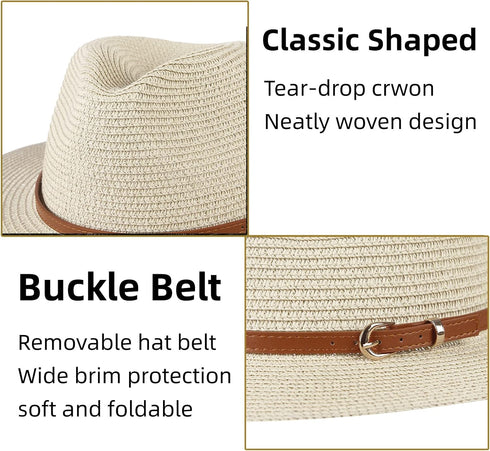 Straw Sun Hats for Women Men Panama Fedora Summer Hat with Leather Belt Wide Brim Beach Sun Jazz Cap...