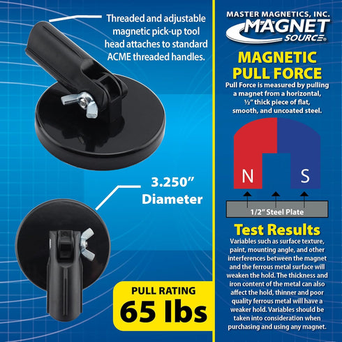 Magnetic Pick-Up Tool Attachment, 3.20" Diameter, 0.440" Thick Magnet Assembly with Acme-Threaded Attachment for Standard Broom Handle, 65 Pounds ...