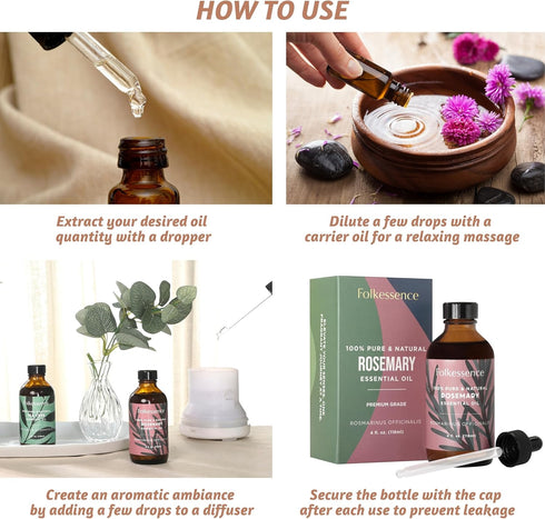 Folkulture Rosemary Essential Oils for Hair Growth, 4 Fl Oz - 100% Pure, Organic, Natural and Undiluted Essential Oils, Premium Grade with Glass D...