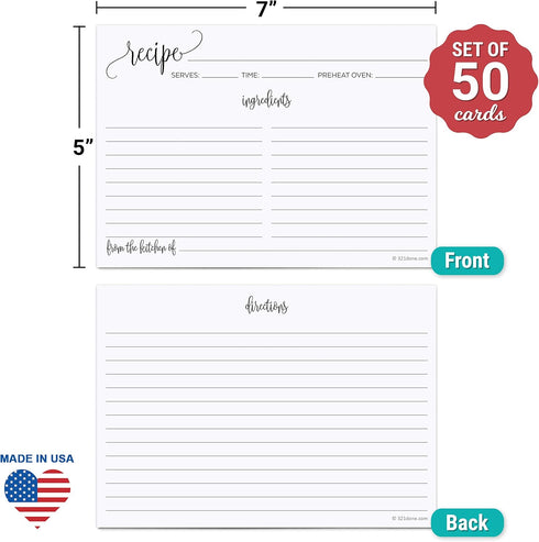 321Done 5x7 Recipe Cards (Set of 50) White Modern Contemporary Scribble - From the Kitchen Of - Double-Sided for Weddings, Bridal Shower, Baby, Re...