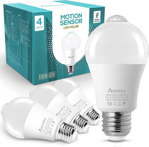Motion Sensor Light Bulbs, 13W(100W Equivalent) Movement Activated Dusk to Dawn Sensor LED Bulb, A19 E26 5000K Cool White Security Bulbs Outdoor I...