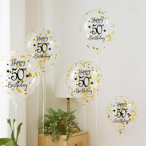 Gold 50th Confetti Latex Balloons, Woman or Man Happy 50 Years Birthday Party Balloon Decoration With Confetti, 12in, 16 Pack...