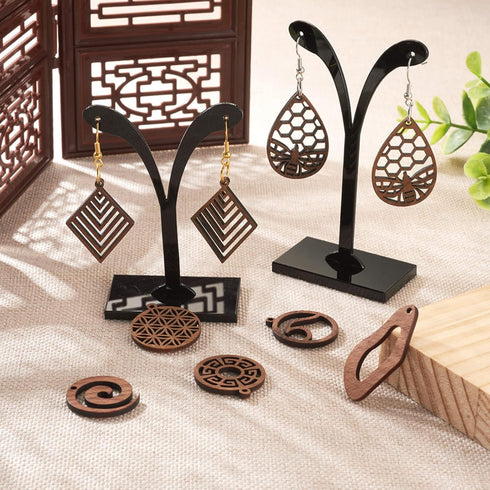 FASHEWELRY 24Pcs Natural Filigree Wood Earring Charms Blank Flat Round Teardrop Oval Walnut Wooden Pendants with 120pcs Earring Hooks Jump Rings f...