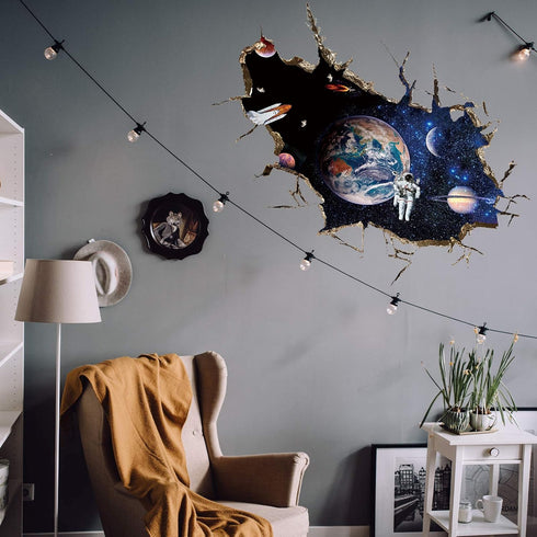 3D Planet Galaxy Astronaut Wall Stickers, DILIBRA Removable Universe Outer Space Spacecraft View Window Wall Decals for Kids Children Bedroom Livi...