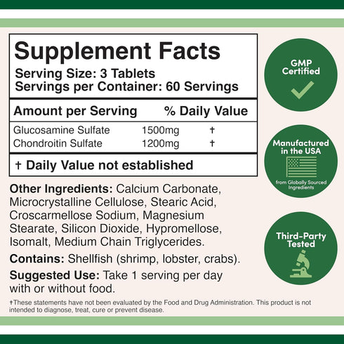 Glucosamine Chondroitin Triple Strength (1,500mg Glucosamine Sulfate, 1,200mg Chondroitin) 180 Tablets, Two Month Supply (Joint Support Supplement...