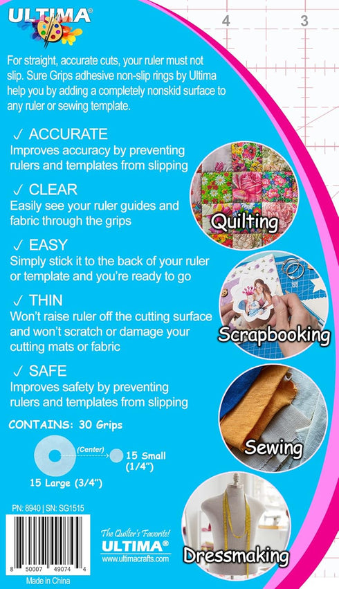 Sure Grips by Ultima – Non-Slip Ruler Grip Rings with 3M Adhesive Backing – Designed for Quilting & Patchworking – Works on Any Ruler – 30 Rings, ...