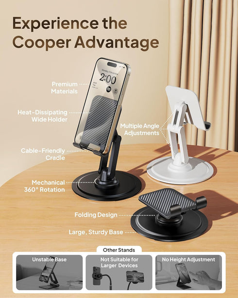 Cooper 360° Stand - Adjustable Cell Phone Stand for Desk | 360° Click-Rotating, Multi-Angle, Non-Slip Metal Base, Foldable & Portable | iPhone Sta...