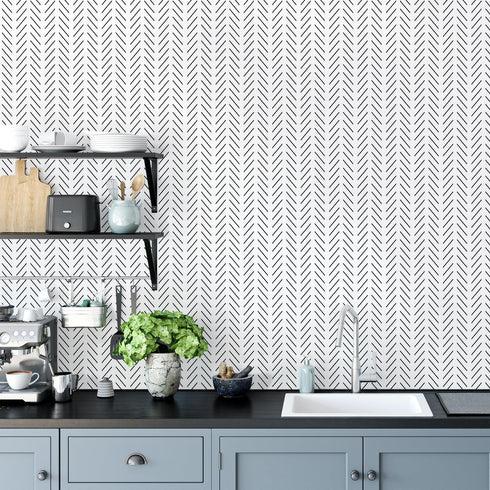 Erfoni Black and White Peel and Stick Wallpaper Modern Herringbone Contact Paper Bathroom 17.7inch x 78.7inch Geometric Removable Wall Paper Peel ...