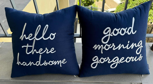 EURASIA DECOR Set of 2 Pcs Hello Handsome Good Morning Gorgeous Embroidered Square Accent Throw Pillow Cover - Gift for Wedding, Couple, Anniversa...