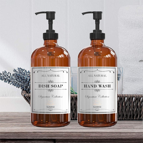 16 OZ Thick Amber Glass Soap Dispenser with Plastic Pump 2 Pack, Hand and Dish Soap Dispenser Set for Bathroom with 6 Waterproof Labels...