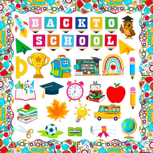 JUNEBRUSHS 56Pcs Classroom Bulletin Board Decorations Set, BACK to SCHOOL Cutouts with Border Trims for School Classroom Door Home Wall Decoration...