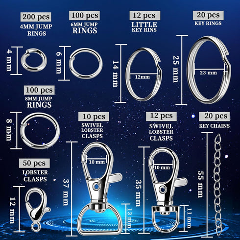 Teenitor Keychain Clip Key Chian Rings, Lobster Claw Clasps with Key Rings, 72pcs key chain hooks Keychains Clips 32pcs Key Rins and 400pcs Jump R...