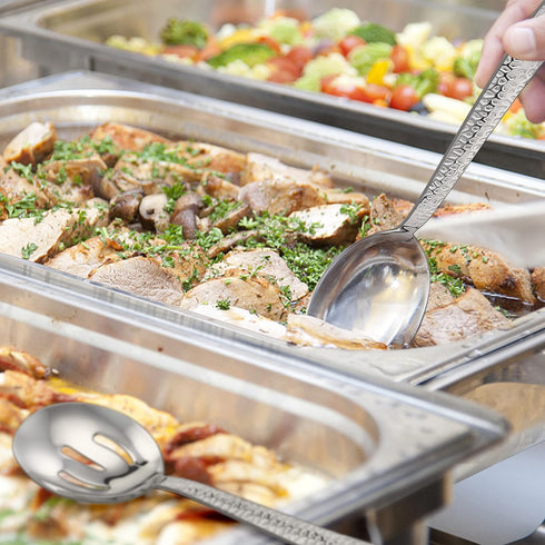 E-far Hammered Serving Utensils Set of 6, Stainless Steel 8.7 Inch Square Hostess Serving Set, Metal Serving Spoon Slotted Spoons Forks for Party ...