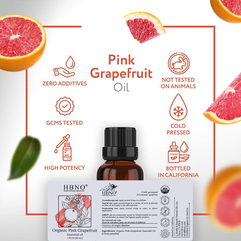 HBNO Organic Grapefruit Essential Oil - 1 oz (30ml) - USDA Certified Organic Grapefruit Essential Oil, Cold Pressed for Aromatherapy, Soap Making,...