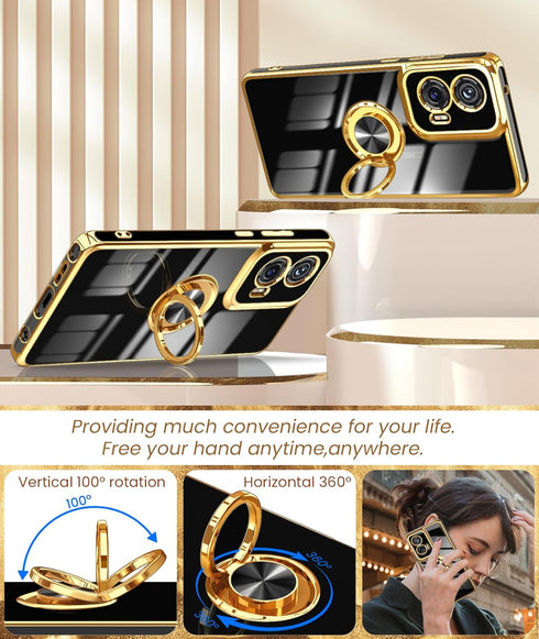 Dretal for Moto G Stylus 5G 2024 Case, 2X Screen Protector, 360° Rotatable Ring Holder Magnetic Kickstand,Plated Gold Edge Slim Soft TPU Protectiv...