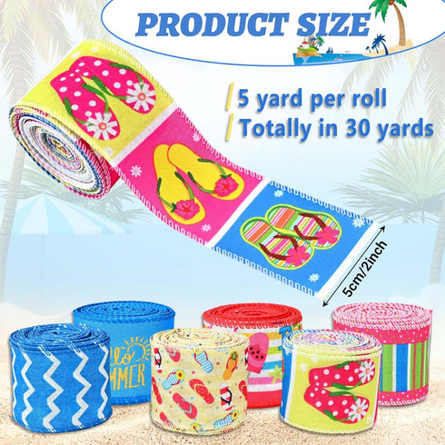 6 Rolls 30 Yards Summer Wired Ribbon Flip Flop Waves Polka Dot Stripe Fabric Decorative Ribbon Summer Themed Burlap Ribbons for Summer Wreath Bow ...