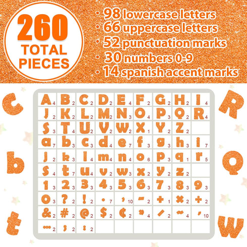 260Pcs Glitter Orange Bulletin Board Letters for Classroom 4” Letter Combo Pack Set Numbers Alphabet Poster Board Punctuation Symbol Cutout with A...