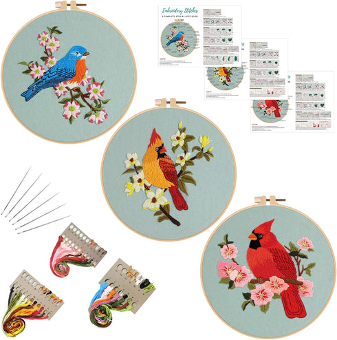 Louise Maelys 3 sets bird Embroidery Kits for Beginners,Adults Starter flower pattern Cross Stitch Kit DIY Needlepoint Kits with embroidery instru...