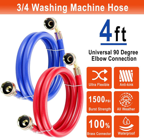 4 FT Rubber Washing Machine Hoses with 90 Degree Elbows by Fetechmate No-Lead Burst-proof Hot and Cold Water Supply Washer Hoses for Washing Machi...