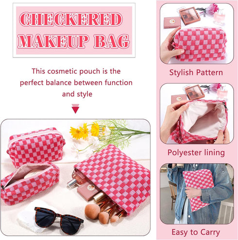 3Pcs Checkered Makeup Bag for Women Large Cosmetic Bag Set Travel Toiletry Bag Makeup Pouch Bag for Purse Pink Zipper Storage Bag Organizer Cute S...