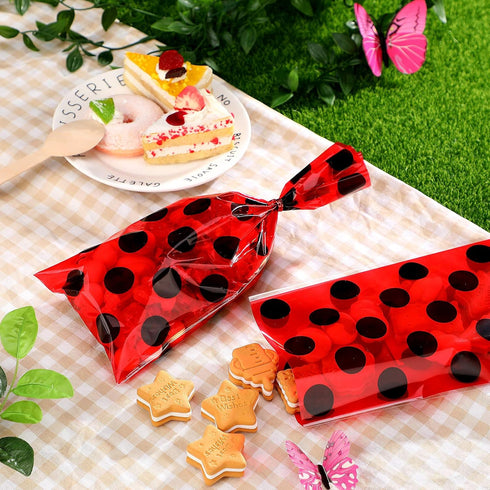 Zonon Ladybug Party candy bag Red Treat Goodie Bags birthday favor Reception Bag Household Tie Silk Bags with Red Twist Ties for Party Favors (100...