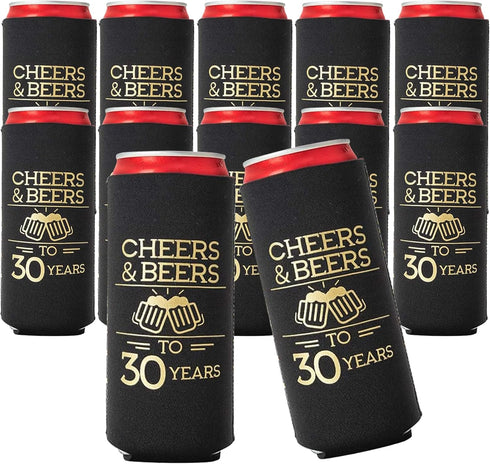 Cheers and Beers to 30 Years Can Coolers, Set of 12 - Black and Gold 30th Birthday Decorations and Party Favors for Men and Women - Cheers to 30 Y...