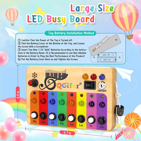 Autism Sensory Montessori Toys for 1 Year Old, Toddlers Busy Board for 1 2 3 4 Year Old, Wooden Switch Button Musical Mini Piano Key with LED Ligh...