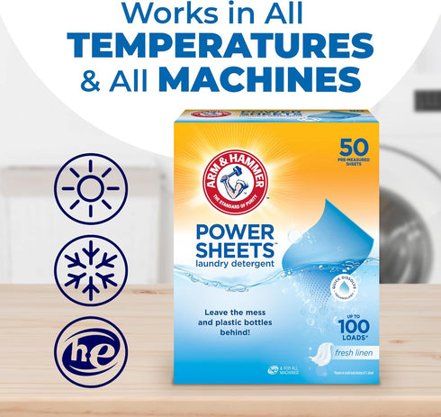Arm & Hammer Power Sheets Laundry Detergent, Fresh Linen 50ct, up to 100 Small Loads (Packaging may vary)...