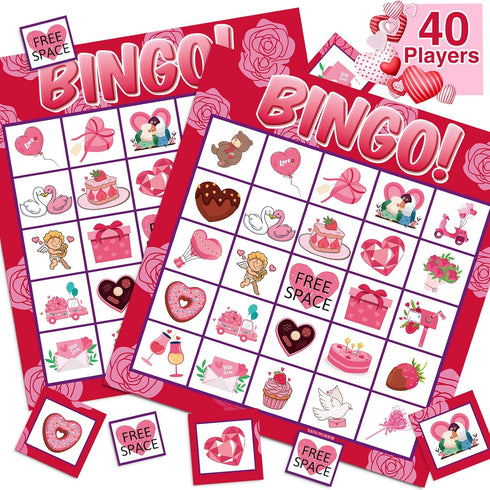 jollylife 40 Players Valentine's Day Bingo Game Cards Class Party Supplies Activity(Pink)...