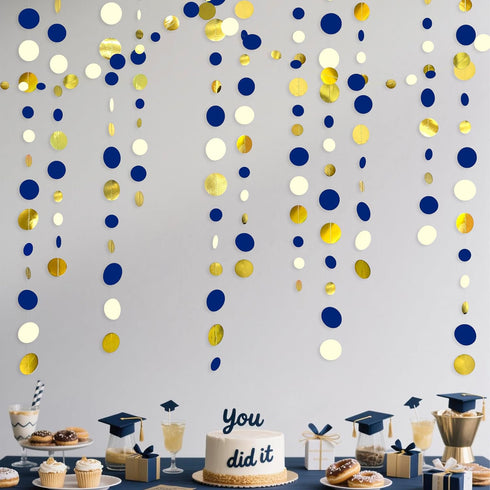 46 Ft Navy Blue and Gold Circle Dots Garland Royal Blue Hanging Paper Polka Dot Streamer for Birthday Wedding Bridal Baby Shower Graduations Nauti...