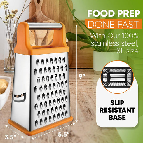 Spring Chef Handheld Stainless Steel XL Parmesan Cheese Grater with Handle - 4 Sided Manual Box Grater for Kitchen - Dishwasher Safe Cheese Shredd...