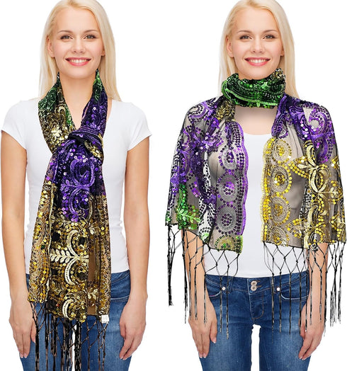 QLINLEAF Mardi Gras Shawl Scarf Sequin Mardi Gras Outfit for Women with Headband and Earrings Canival Party Favor...