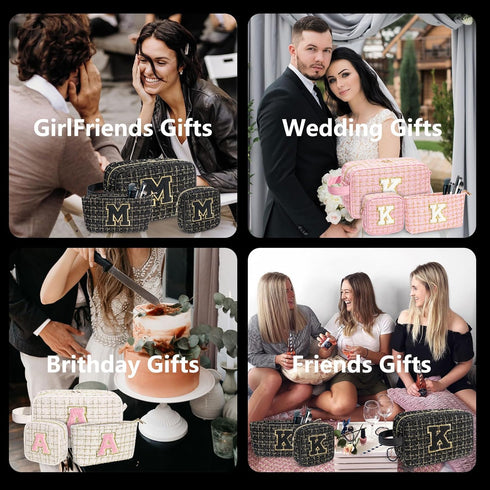 Initial Makeup Bag 3 Pieces Cute Make up Pouch Set -Pink Portable Makeup Brush Bag Travel Cosmetic Bag Multifunction Organizer Bag Monogram Person...