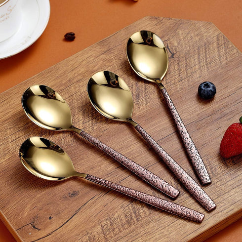 Berglander Dinner Spoon Set Of 4 With Moon Surface Handle And Shiny Gold Head, Stainless Steel Spoons Silverware Set Dishwasher Safe...